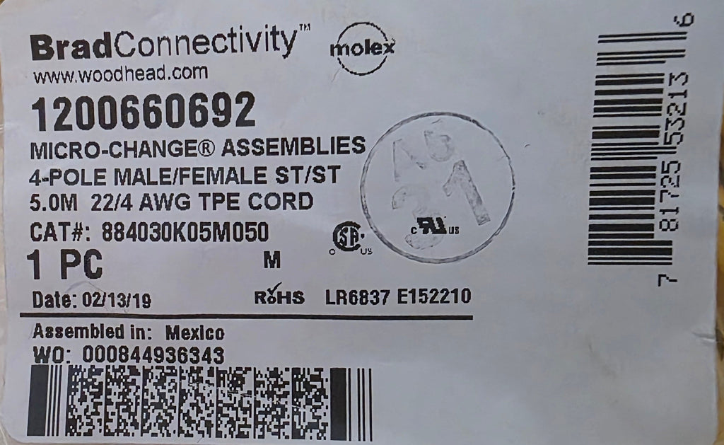 1200660692 Molex (M12) CORDSET, 4 POLES, 22 AWG, TPE CABLE, 5.0M ,Brad Connectivity
