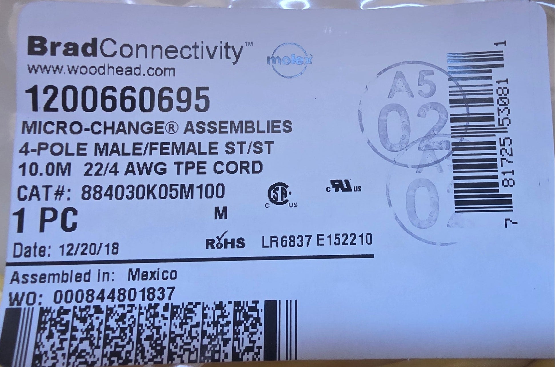 1200660695 Molex (M12) CORDSET, 4 POLES, 22 AWG, TPE CABLE, 10.0M ,Brad Connectivity