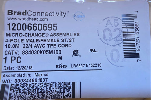 1200660695 Molex (M12) CORDSET, 4 POLES, 22 AWG, TPE CABLE, 10.0M ,Brad Connectivity